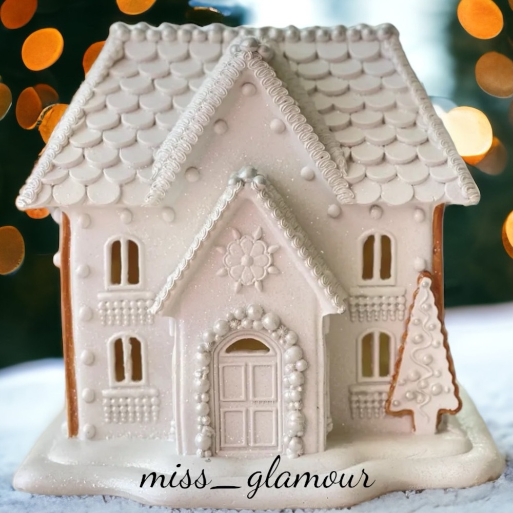 Kurt Adler LED Decor Off-White cream Gingerbread House studded with pearls